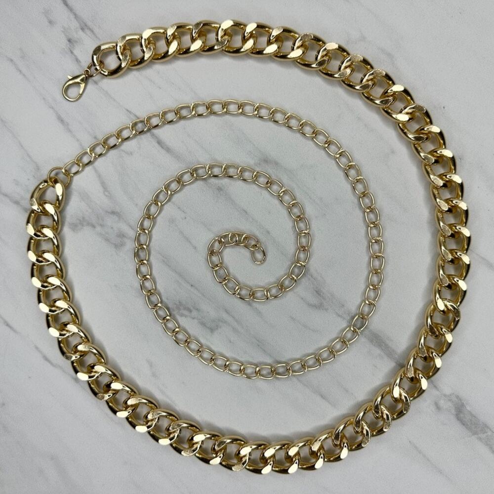 Womens Chunky Gold Tone Metal Chain Link Belt Adjustable Y2K OS ✨